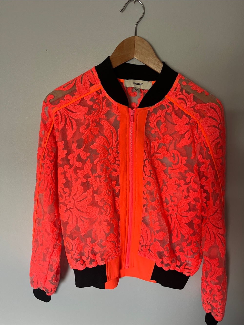 C/MEO Collective Neon Orange Lace Bomber Jacket with Black Trim